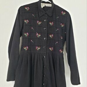 𝅺vintage Karin Stevens women US 4P dress black embroidered Corduroy Cottagecore